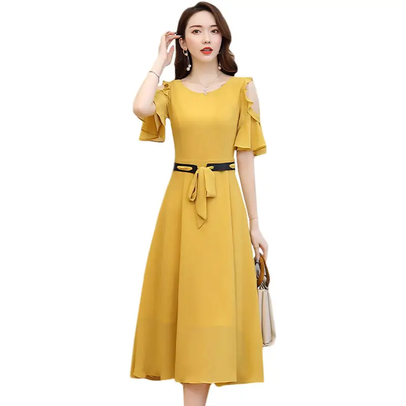 

Women Spring Summer Style Dress Women's Sexy O-Neck Butterfly Sleeve Sashes Ruffles Chiffon Elegant Temperament Ladies SS3054
