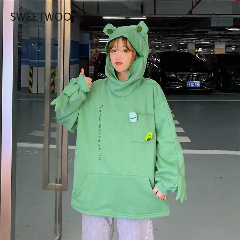 

Frog Hoodie Winter Fashion 2021 Splice Sweatshirt Women Long Sleeve Pullover Casual Loose Tops Black Plus Velvet Hoodie