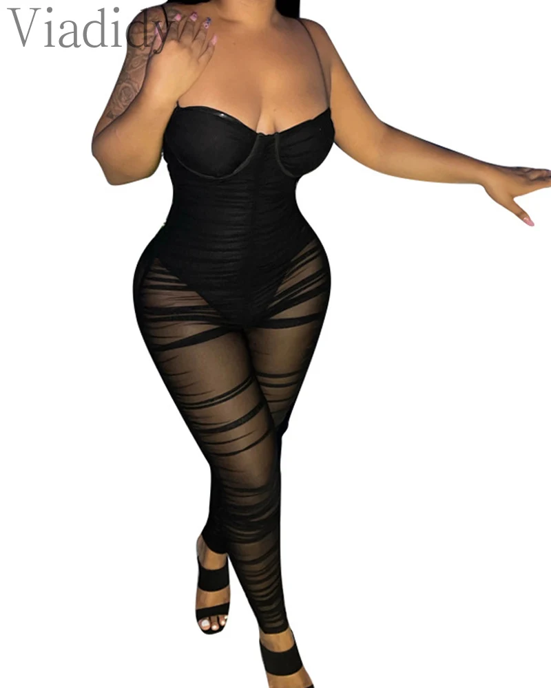 

Sexy Sleeveless Strapless Jumpsuits Women Solid Color Mesh Perspective Skinny Romper Nightclub Outfit