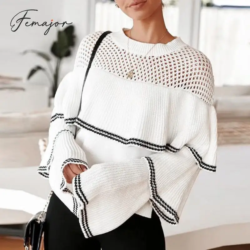 Femajor Women Fashion Hollow out Ruffle Knit Tops Female 2019 Autumn Winter Long Sleeves Jumper Sweater White Lady Pullover | Женская
