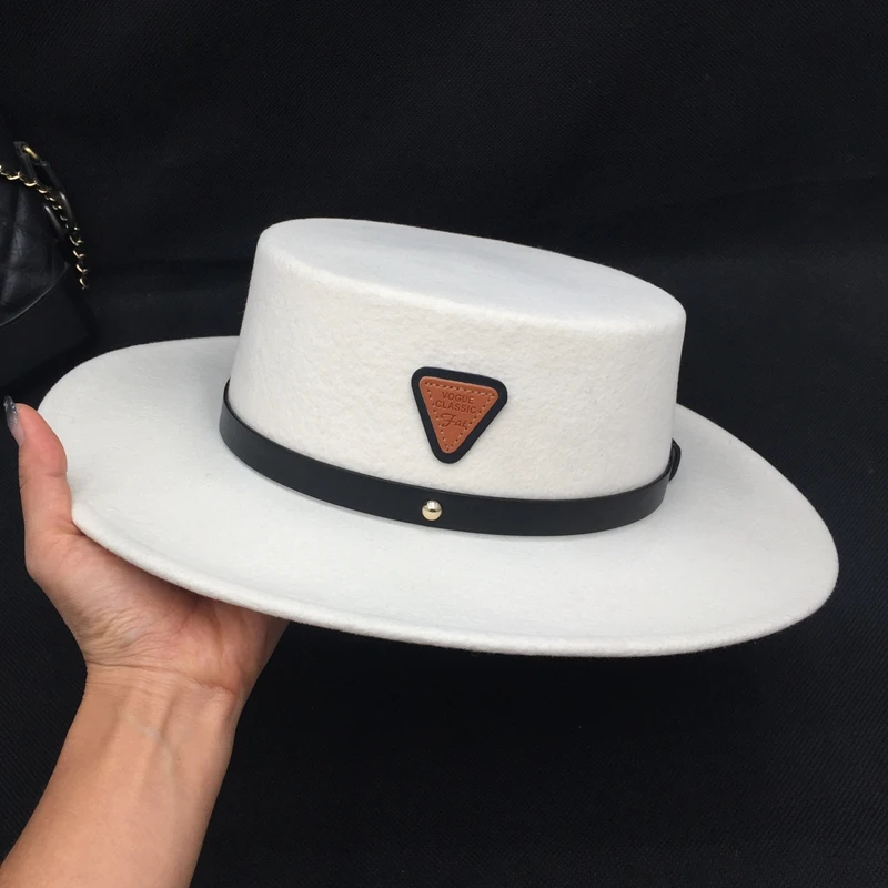 

winter new wool white hat for women with belt triangle mark British hat French fashion fedora