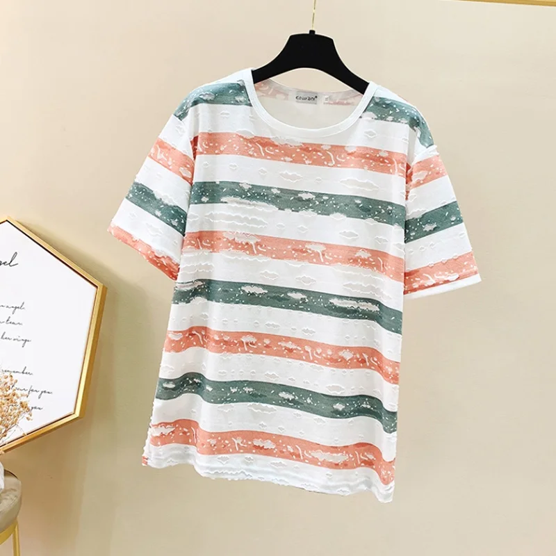 

Summer new fashion stripe printing short-sleeved T-shirt female Loose Casual personality Hole decoration Round neck women tops