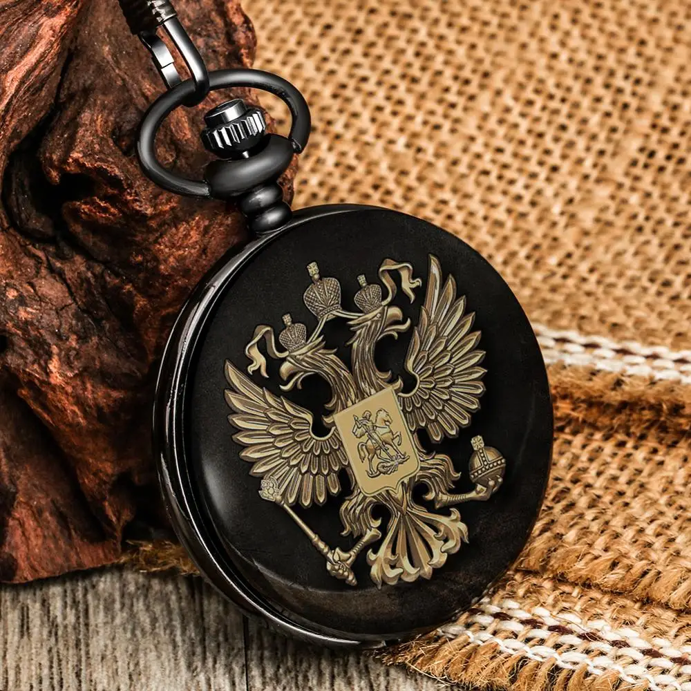 Retro Black Quartz Pocket Watch Alloy Case Pocket Watch Male Personality Double-headed Eagle Pattern Thick Chain Pendant Watches