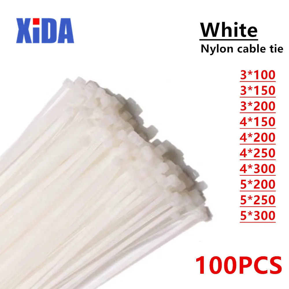 Самоблокирующиеся пластиковые нейлоновые кабельные стяжки 100 шт. белые