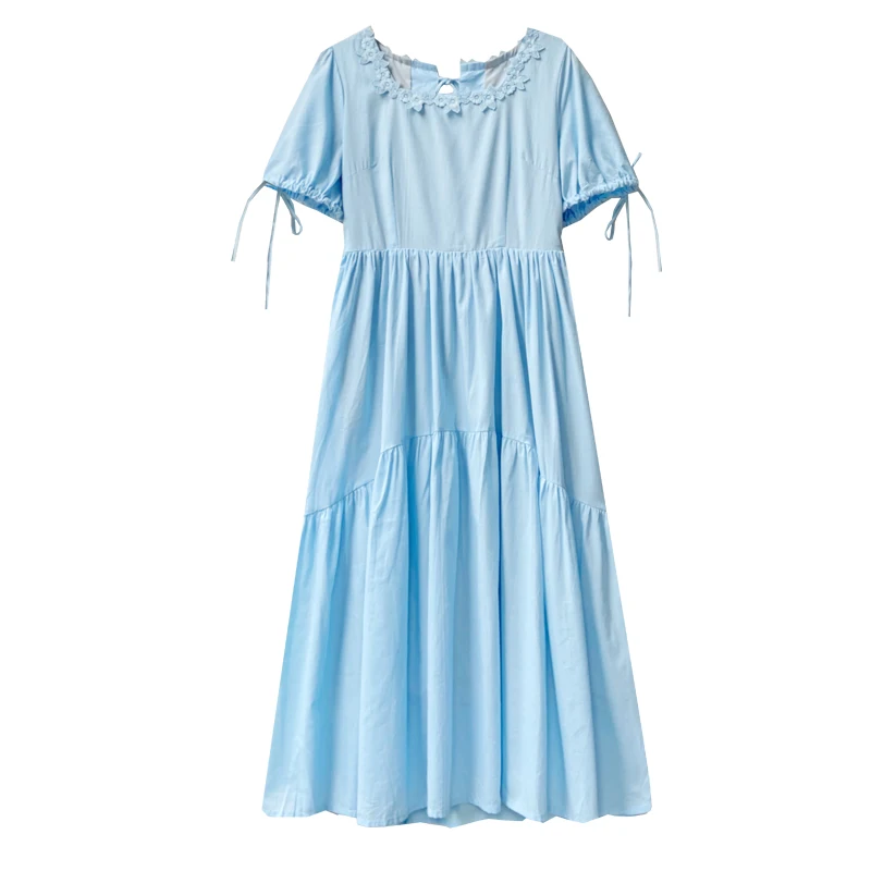 

women's clothing new summer fashion applique bow solid color dress o-neck short sleeves dresses female