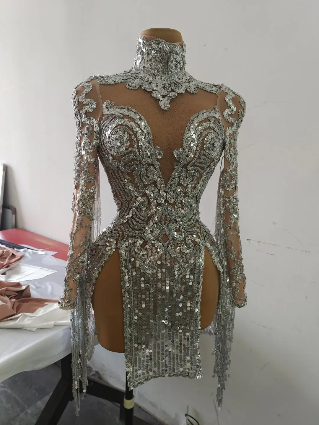 Flashing Silver Sequins Fringes Short Dress Latin Dance Bar Show Transparent Outfit Evening Prom Party High Collar | Тематическая