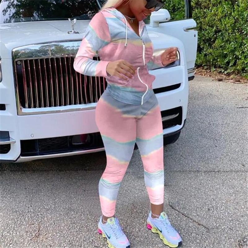 

2021Tie Dye Two Piece Set Women Colorful Striped Zipper Hooded Top Pants Sweat Suit Sexy Matching Sets 2Pcs for Women Tracksuit