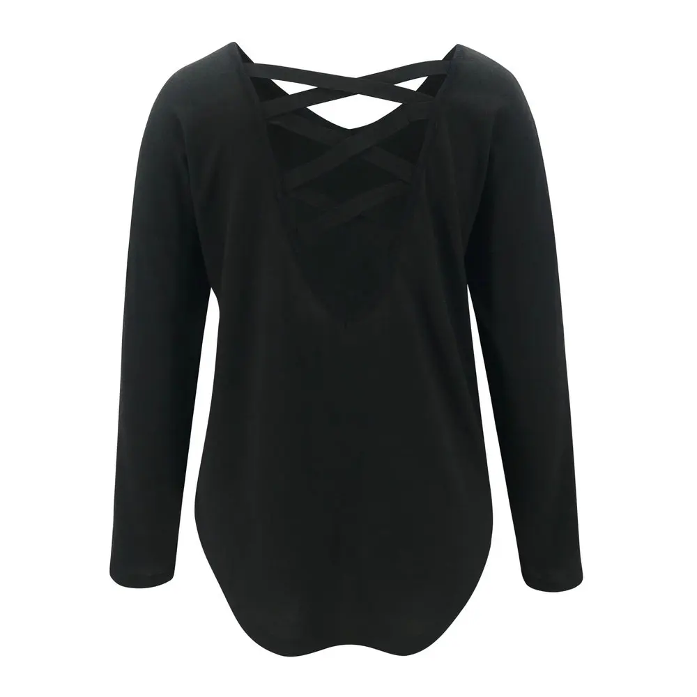 

2020 Pullover Sweaters Top sexy solid color top with open back, cross - woven belt and long sleeves ZC3863