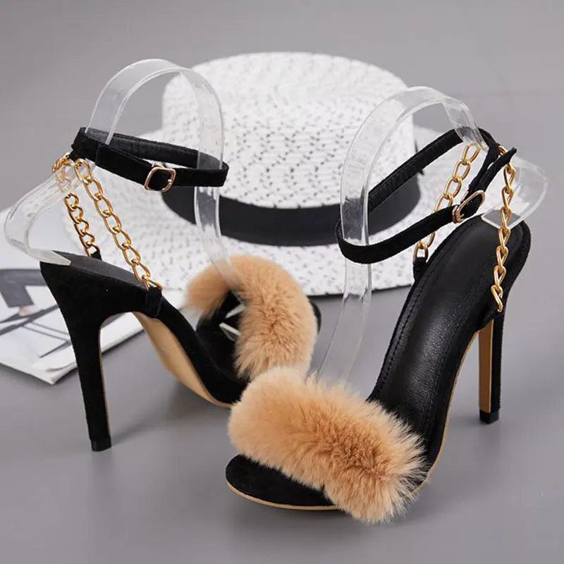 Новые летние меховые босоножки 2019 туфли на высоком каблуке с ремешком щиколотке