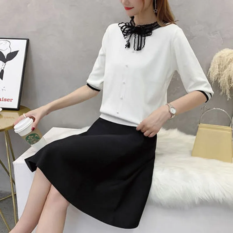 Женский комплект 2 шт. вязаный костюм Ms. Fashion тонкая рубашка вышитый свитер сумка бедра бахрома половина юбка из двух частей женская одежда