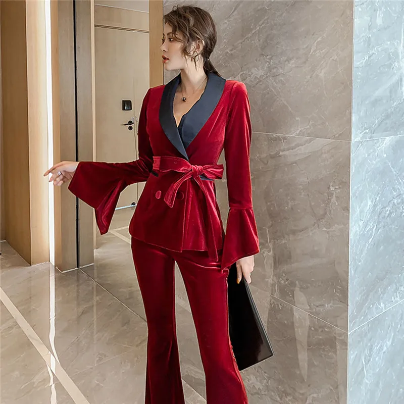 

2019 New Fashion Women's Set Flare Sleeve Patchwork Velvet Belt Blazer Outerwear Zipprt Gly Flare Trousers Red Two Piece Set