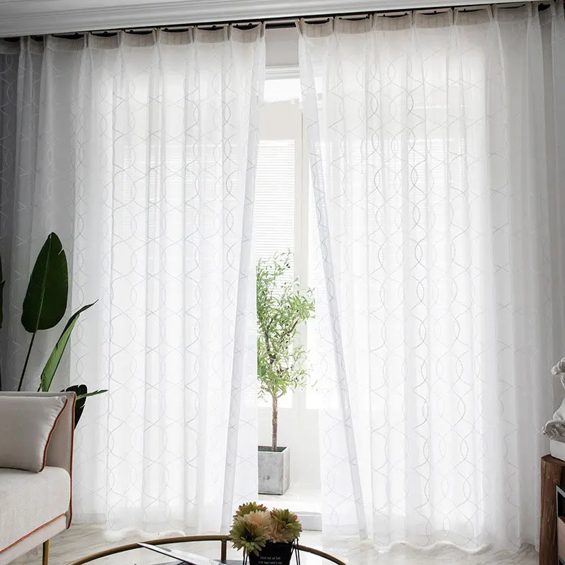 White Embroidery Tulle Curtains for Living Room Modern Geometry Curve Sheer Voile Curtain Bedroom Blind Drape Door Custom | Дом и сад