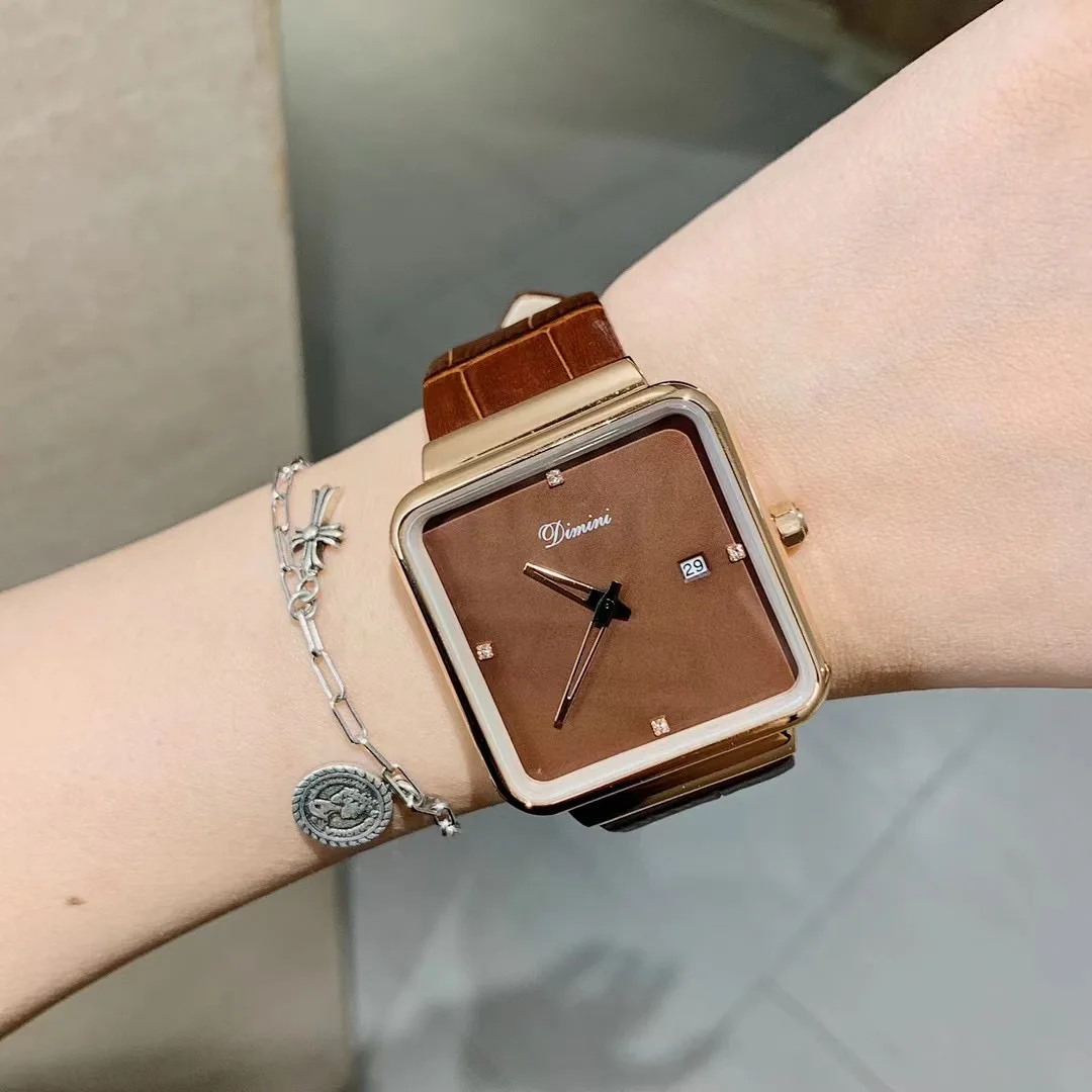 

Cool Tone Full Brown Leather Strap Watches for Men Women Unisex Square Wrist watch 40MM Big Size Neutral Calendar Watches Quartz