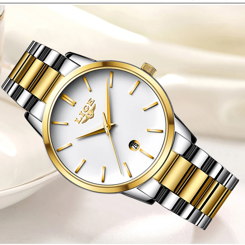Часы наручные LIGE женские креативные золотистые стальные с браслетом 2019|Женские