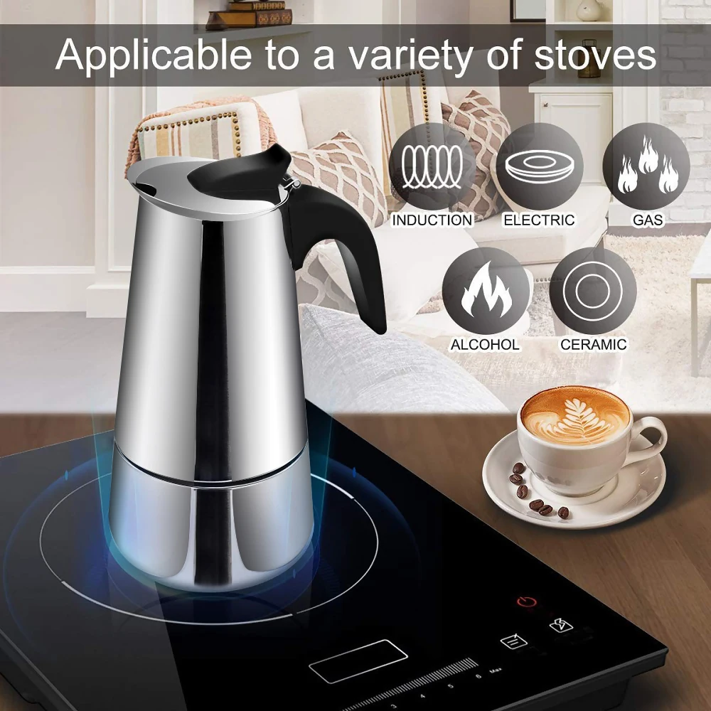 

Moka Coffee Pot Espresso Latte Percolator Stove Coffee Maker Espresso Pot Italian Coffee Machine 200/300/450ml Stainless Steel