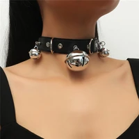 gothic black leather choker necklaces for women new trendy punk collar bells metal chocker on the neck goth necklace jewelry