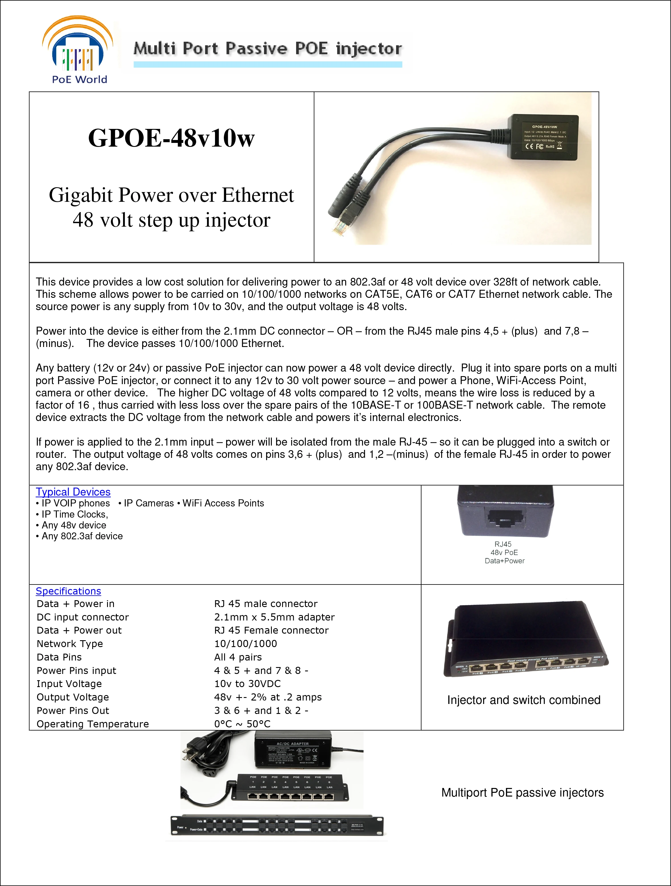 GAF48V10W Input 10-30V Gigabit Output 48Volts PoE Converter for any 802.3af or 48V devices and solar to Conversion | Безопасность и