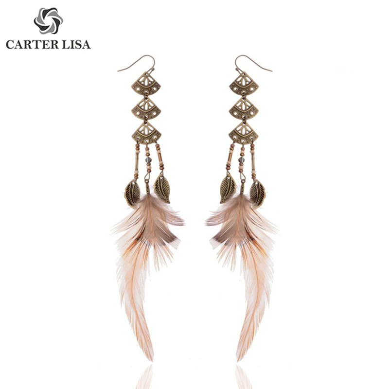 Женские Длинные Винтажные серьги CARTER LISA Bohemia длинные красивые с перьями