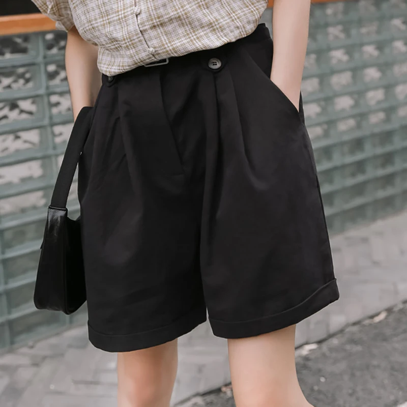

Women High Waisted Wide Leg Pants Black Short Femme 2021 Summer Casual Solid Straight Loose Cotton Korean Woman Shorts Feminino