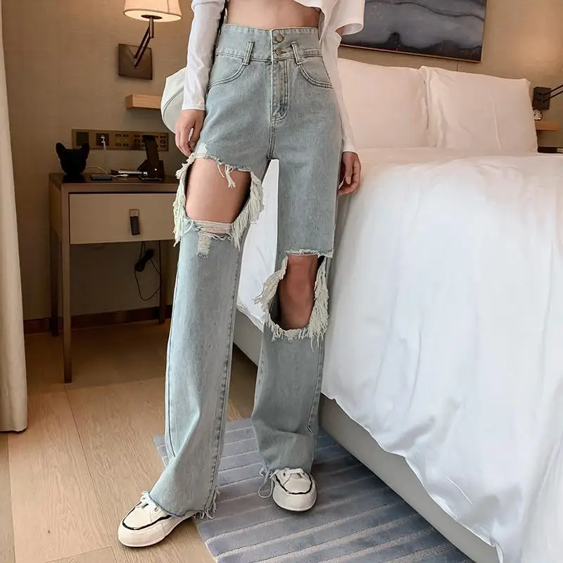 

Beggar's hole jeans women's high waist slim floor length pants