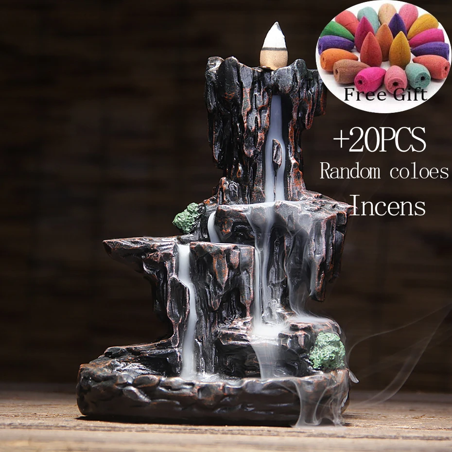 

Mountains River Waterfall Incense Burner Fountain Backflow Aroma Smoke Censer Holder Office Home Unique Crafts+20 Incense Cones
