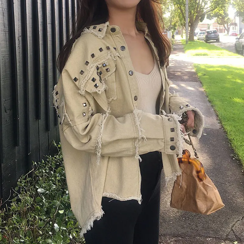 Женская джинсовая куртка однобортная Свободная из денима с длинным рукавом и