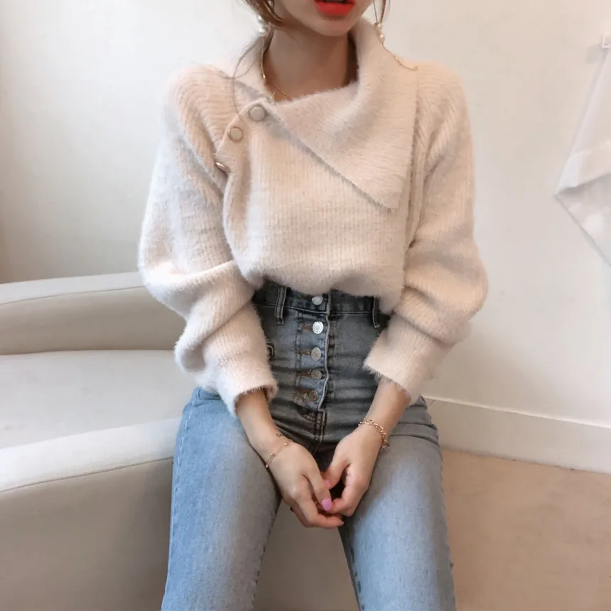 

Sweaters New Women Sweet 2021 Autumn Winter Turn Down Collar Pullover Sweater Ladies Soft Fluffy Button Knitted Tops Green White