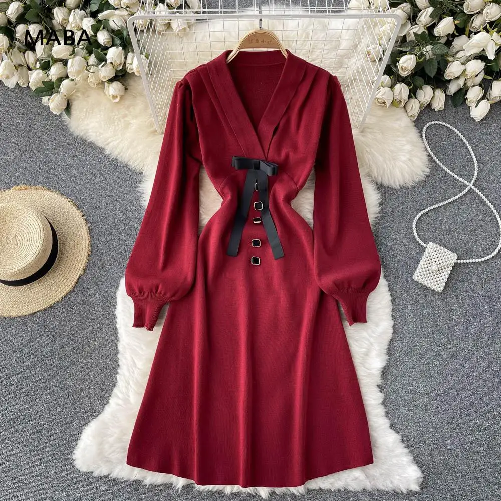 

Knitted A-line Dress Autumn Winter New Women V-neck Puff Sleeve Bow Red Black Elegant Chic Knee Length Dress One Piece Korea
