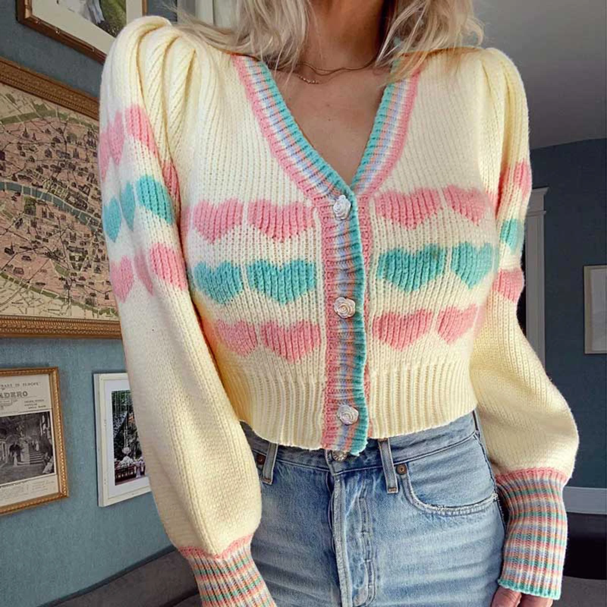 

Fashion Women Hit Color Heart Pattern Cardigan Sweater Mujer Lantern Sleeve Single Breasted Crop Outerwear Autumn Tops