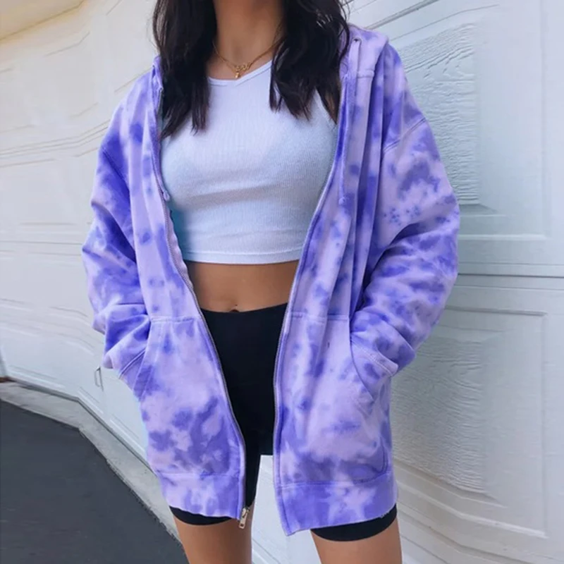

Tie Dye Print Hooded Women Jacket Summer New Zipper Drawstring Sweatshirt Loose Fashion Streetwear Pockets Thin Coats