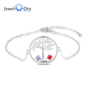 Браслет с гравировкой дерева жизни Женский, персонализированный браслет с 2 камнями по месяцу рождения, с именем на заказ, цепочка-браслет, аксессуары, подарочная бижутерия