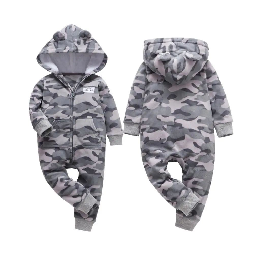 Gray Camouflage Зимняя одежда bebes, комбинезон для девочек, пижамы для младенцев, флисовый Детский комбинезон с капюшоном, детская одежда с рисунком лисы, теплая одежда для маленьких мальчиков - Цвет: Gray Camouflage