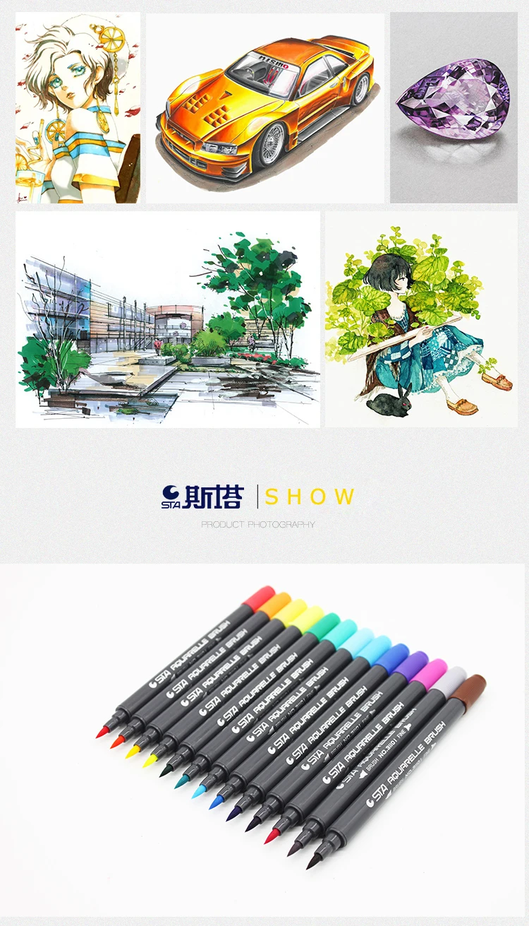 JIANWU 12, 24, 36, 48, 80 цветов/набор, STA3110, цветная мягкая кисть с мультипликационным принтом, водометная ручка, двойные ручки для рисования, принадлежности