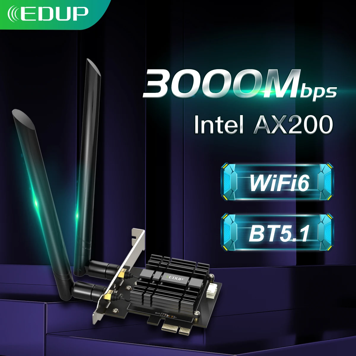 Wi-fi sem Fio Edup Wifi Pcie Adaptador Bluetooth 5.1 Intel Ax200 Banda Dupla 2.4g – 5ghz Pci Express 802.11ax Wi-fi Cartão 2974mbps 6