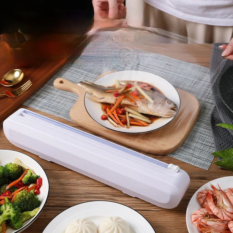 

Plastic Cling Wrap Dispenser Cutter White Convenient Cling Wrap Dispenser Simple Film Alimentaire Kitchen Accessories EI50BX