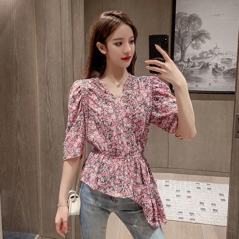 Женская шифоновая блузка COIGARSAM фиолетовая и красная с коротким рукавом в