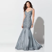 elegant mermaid silver lace applique plunge v neckline mother of the bride dresses sleeveless wedding party gowns backless 2022