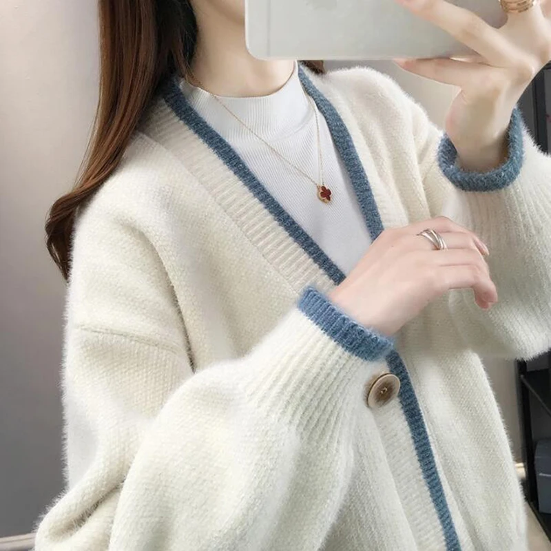 

Fashion Women Knitted Cardigan Autumn winter V-Neck Long Sleeve Solid Knit Sweater Coat Thick Loose Harajuku Female cardigans