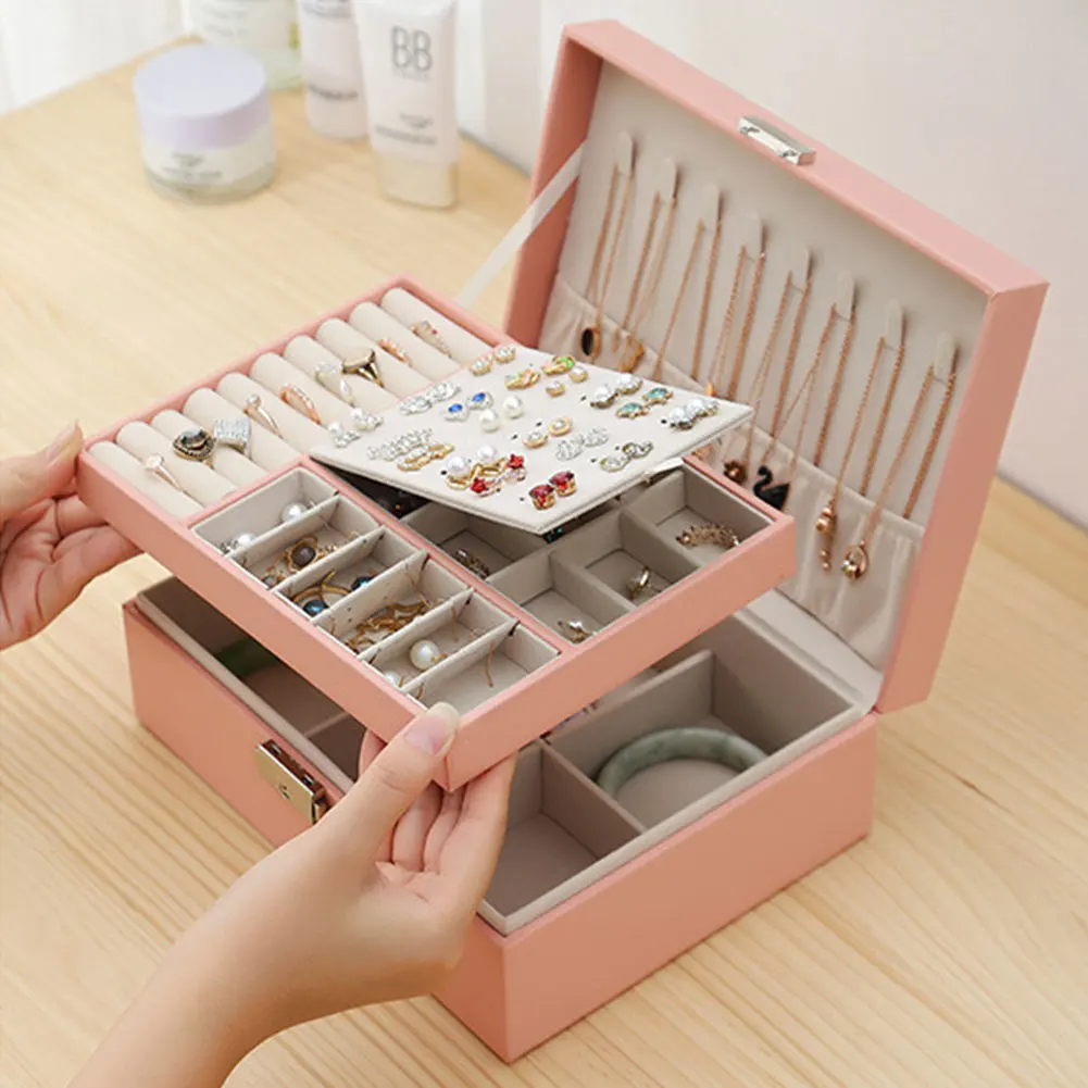 

New Large Capacity Leather Jewelry Box Travel Jewelry Storage Multi-Function Necklace Earring Ring Storage Box Gift