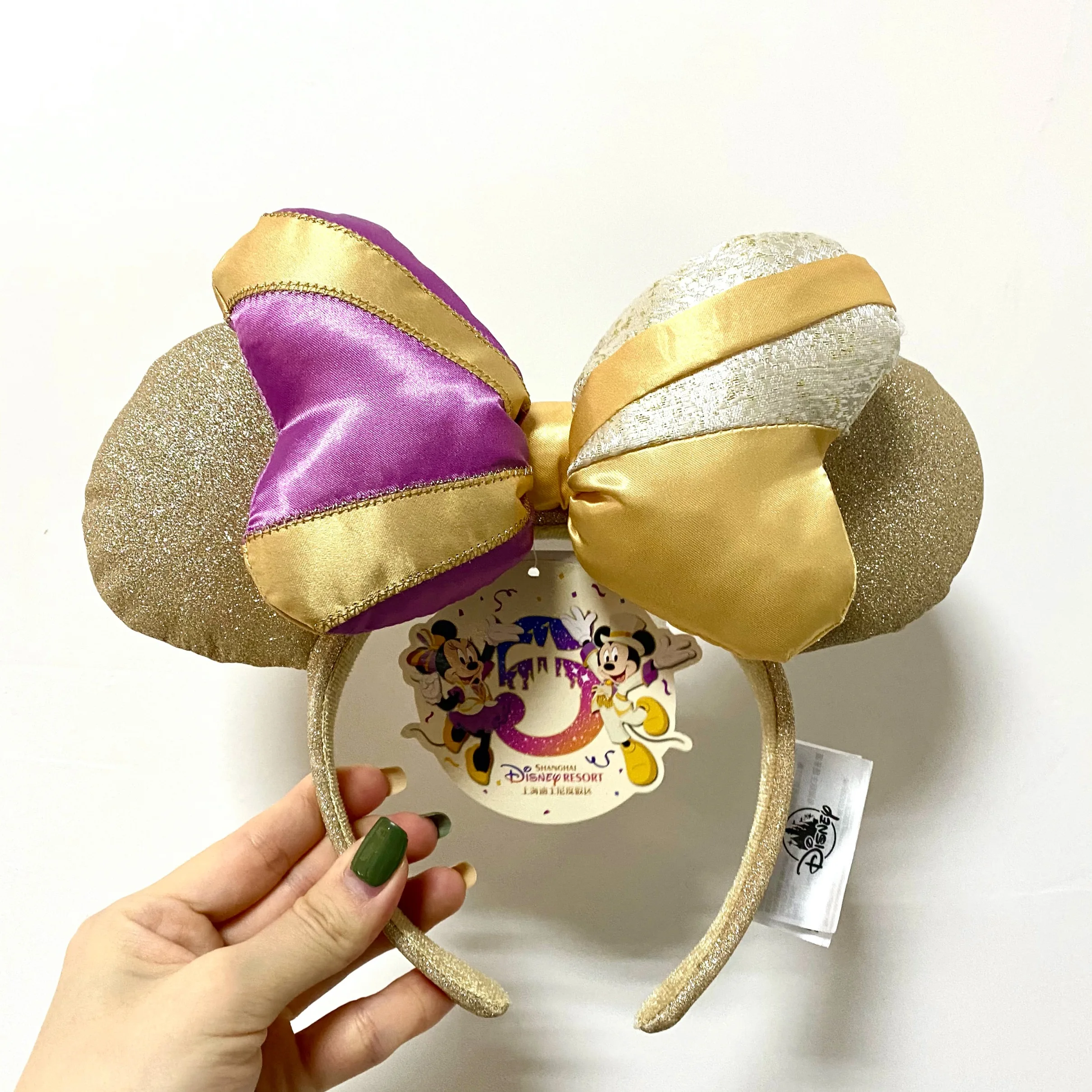 

Оригинальная повязка для волос Shanghai Disney на 5-ю годовщину, повязка для волос с Микки и Минни, позолоченная повязка для волос с большим бантом, ...