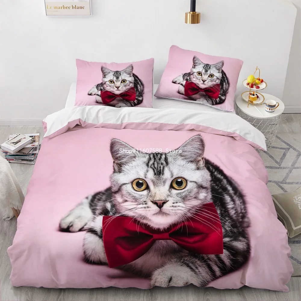 

Lovely Pet Cat Design 3D Bedding Sets White Duvet Quilt Cover Set Comforter Bed Linen Pillowcase King Queen 240*210cm Size Dogs