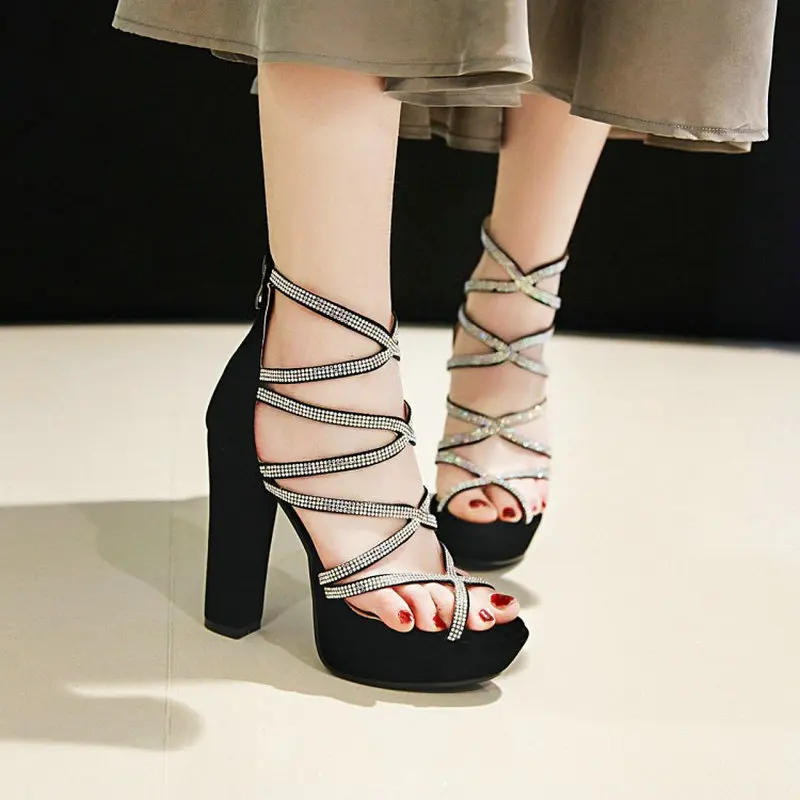 

ZawsThia Glitter Bling Party Wedding 12cm Super Thick High Heels Sexy Platform Lady Pumps Cross-strap Women Gladiator Sandals