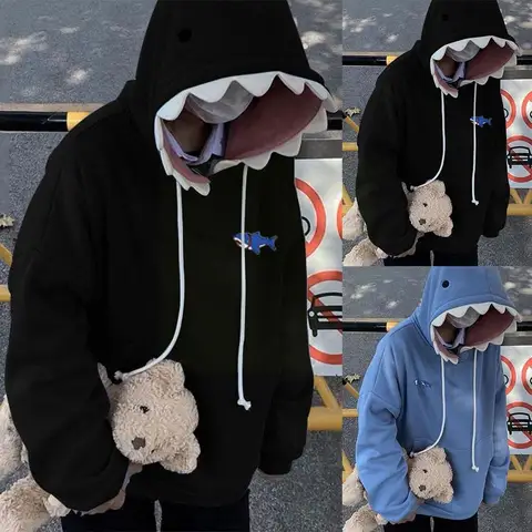 Funny Shark Patchwork Hoodies Women Autumn Kawaii Sweatshirt Sleeve Casual 2021 Oversized School Pullover Long Clothes X4z5