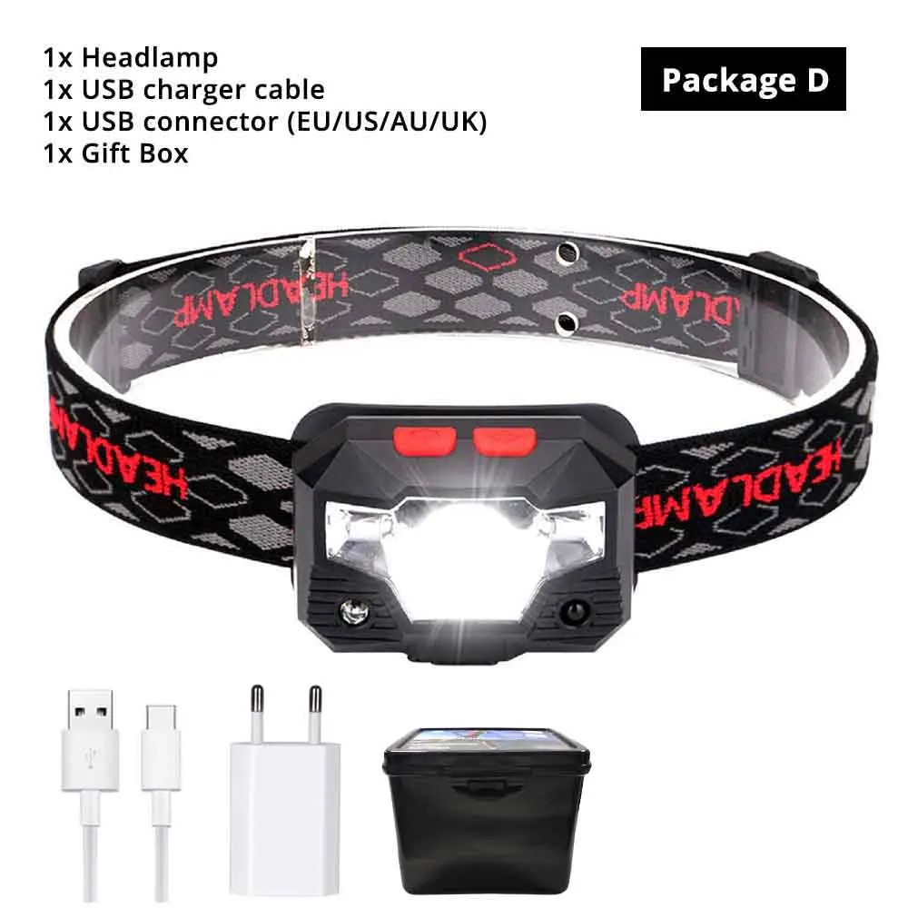 Package D USB Перезаряжаемый светодиодный налобный фонарь встроенный датчик водонепроницаемые фонарики с usb-кабелем для зарядки, супер яркий для активного отдыха - Испускаемый цвет: Package D