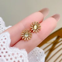 new popular design 14k real gold opal sun flowers earrings for women girl jewelry s925 silver needle shiny aaa zircon stud gift