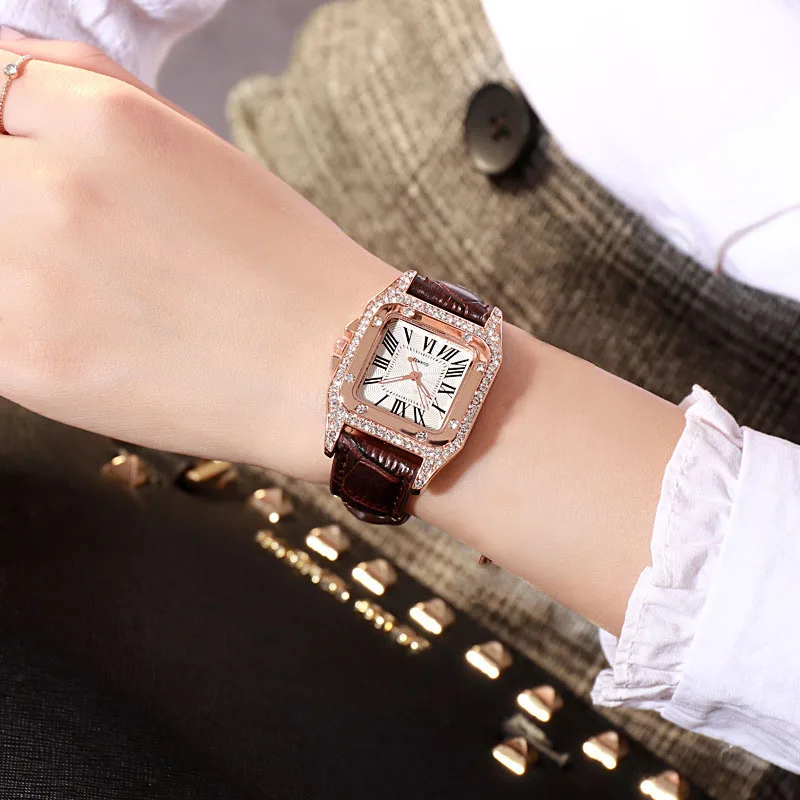 Коричневый Женские часы с бриллиантами, Звездные роскошные часы с браслетом, женские повседневные кварцевые наручные часы с кожаным ремешком, женские часы zegarek damski - Цвет: Коричневый