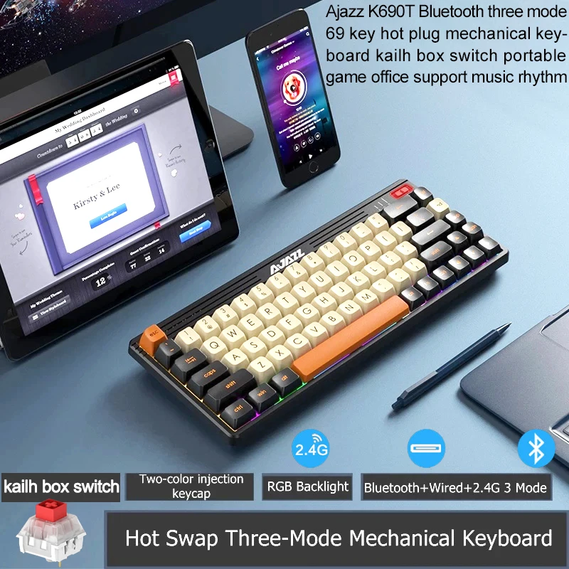 

Ajazz K690T Bluetooth three mode 69 key hot plug mechanical keyboard kailh box switch portable game office support music rhythm