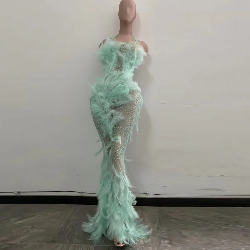 

2020 New Green Rhinestones Feather Transparent Net Long Dress Birthday Celebrate Outfit Bar Prom Women Singer Dancer Dress