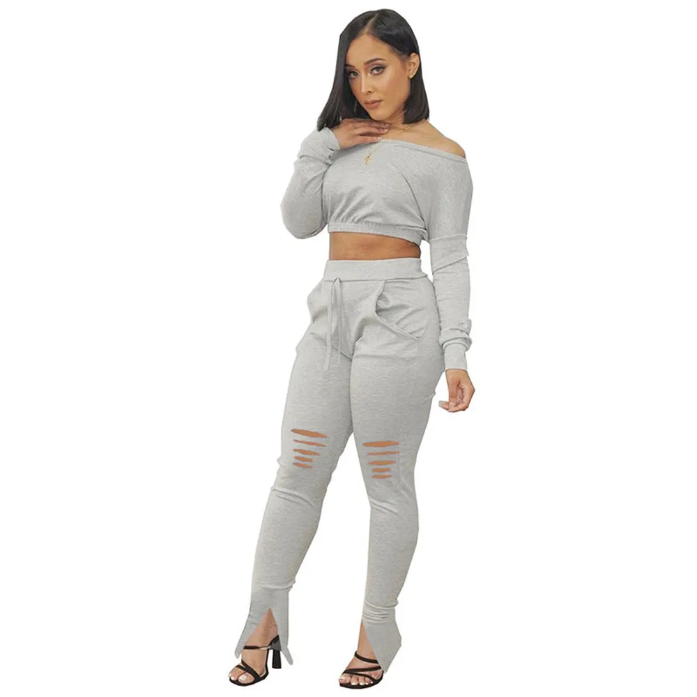 

Sexy Two Piece Set Fall Clothes for Women One Shoulder Long Sleeve Crop Top+hollow Hole Split Hem Flare Pant Casual Club Outfits