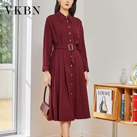 vkbn news autumn dresses for women party sashes turn down collar casual wine red long sleeve maxi dress evening